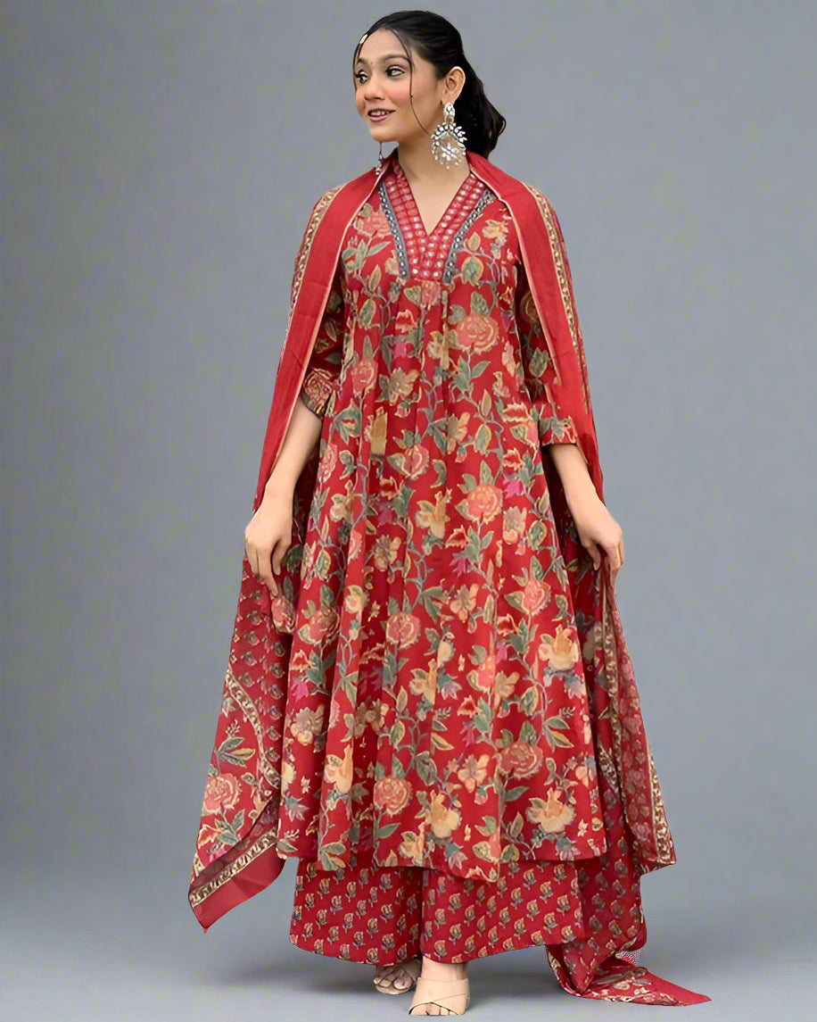 Anarkali Printed Kurta with Palazzo & Dupatta