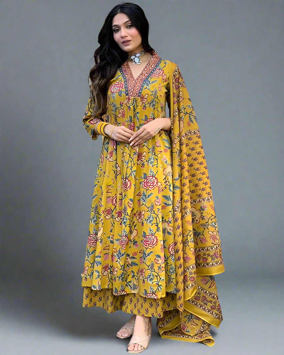 Anarkali Printed Kurta with Palazzo & Dupatta