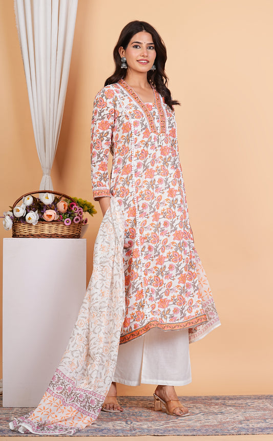 ORANGE WHITE KURTI SET