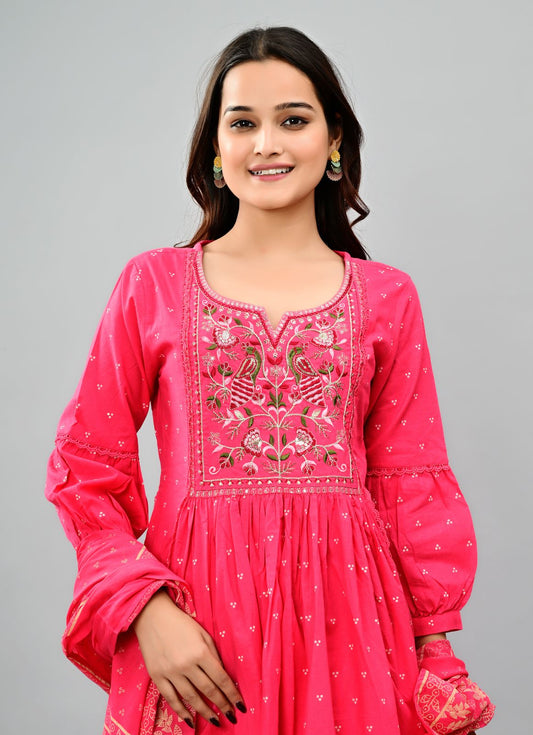 Embroidered Kurta with Palazzo and Dupatta (PINK)