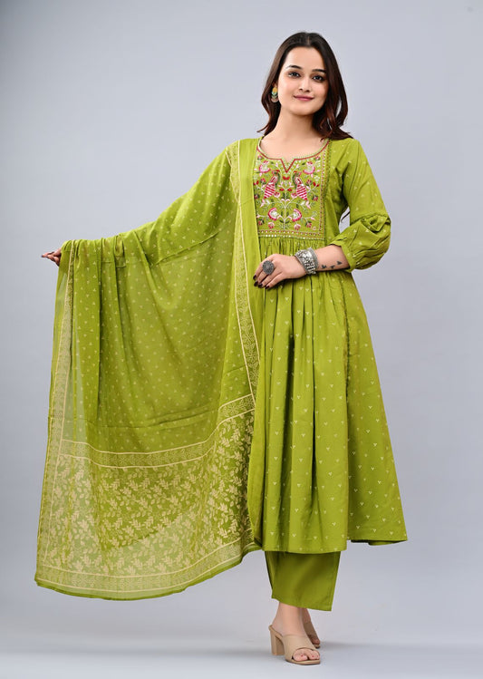 Embroidered Kurta with Palazzo and Dupatta (GREEN)