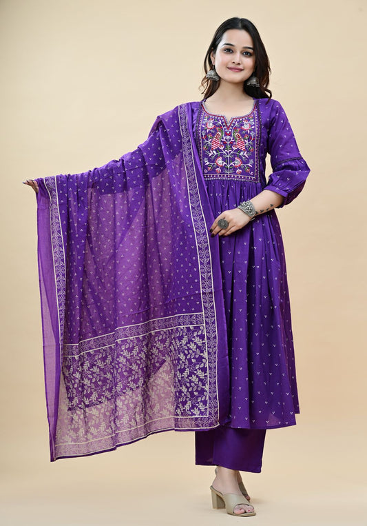 Embroidered Kurta with Palazzo and Dupatta (PURPLE)