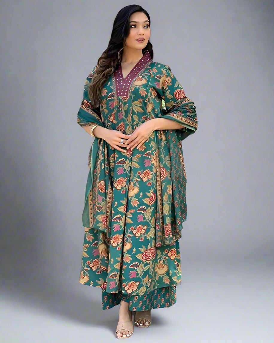Anarkali Printed Kurta with Palazzo & Dupatta
