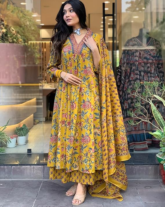 Anarkali Printed Kurta with Palazzo & Dupatta
