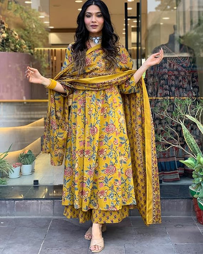 Anarkali Printed Kurta with Palazzo & Dupatta