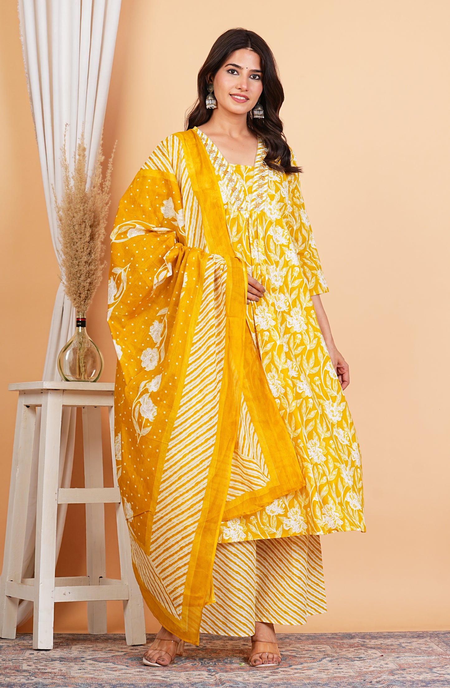 Anarkali Printed Kurta with Palazzo & Dupatta (PINK)