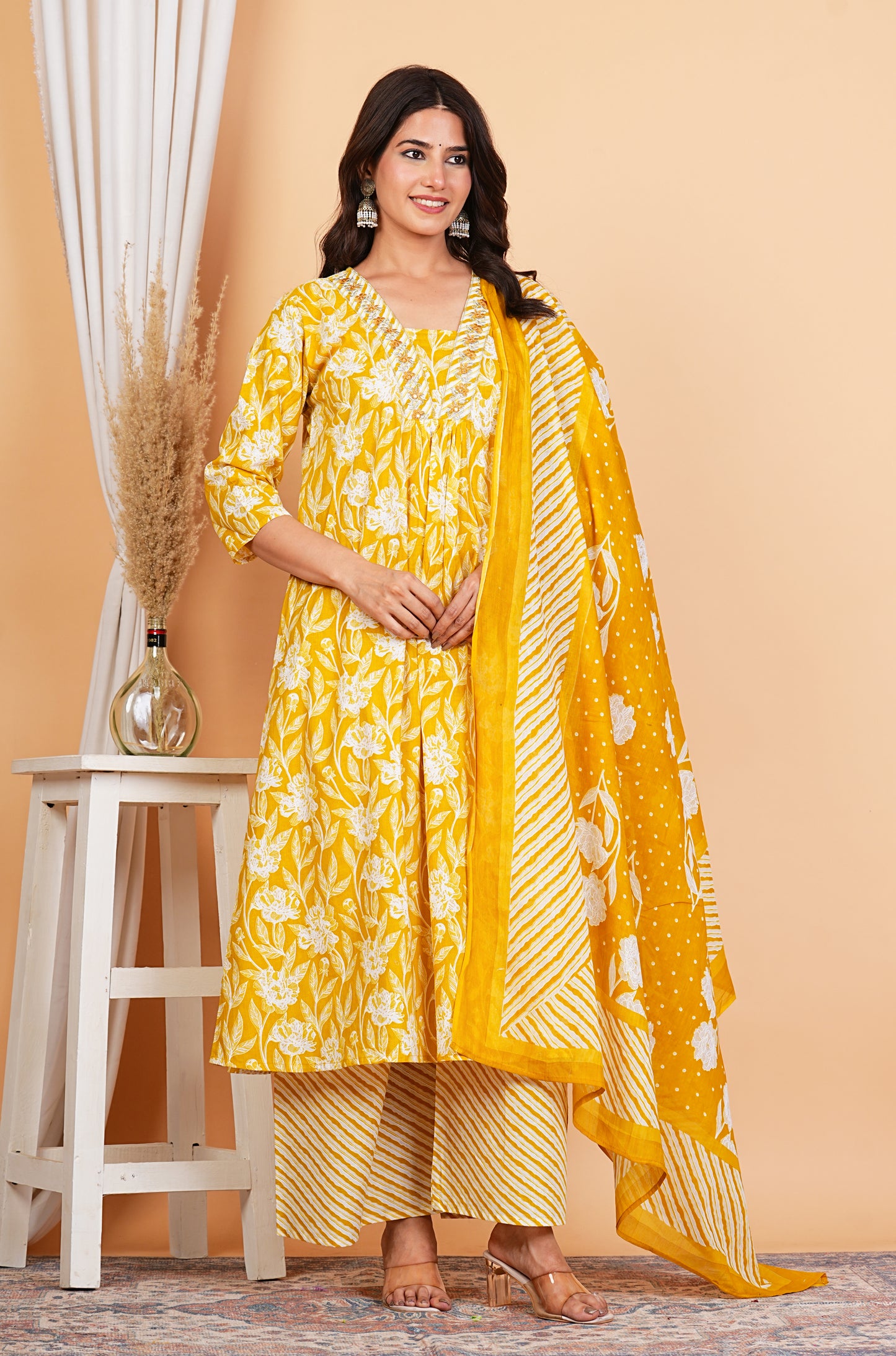 Anarkali Printed Kurta with Palazzo & Dupatta (PINK)