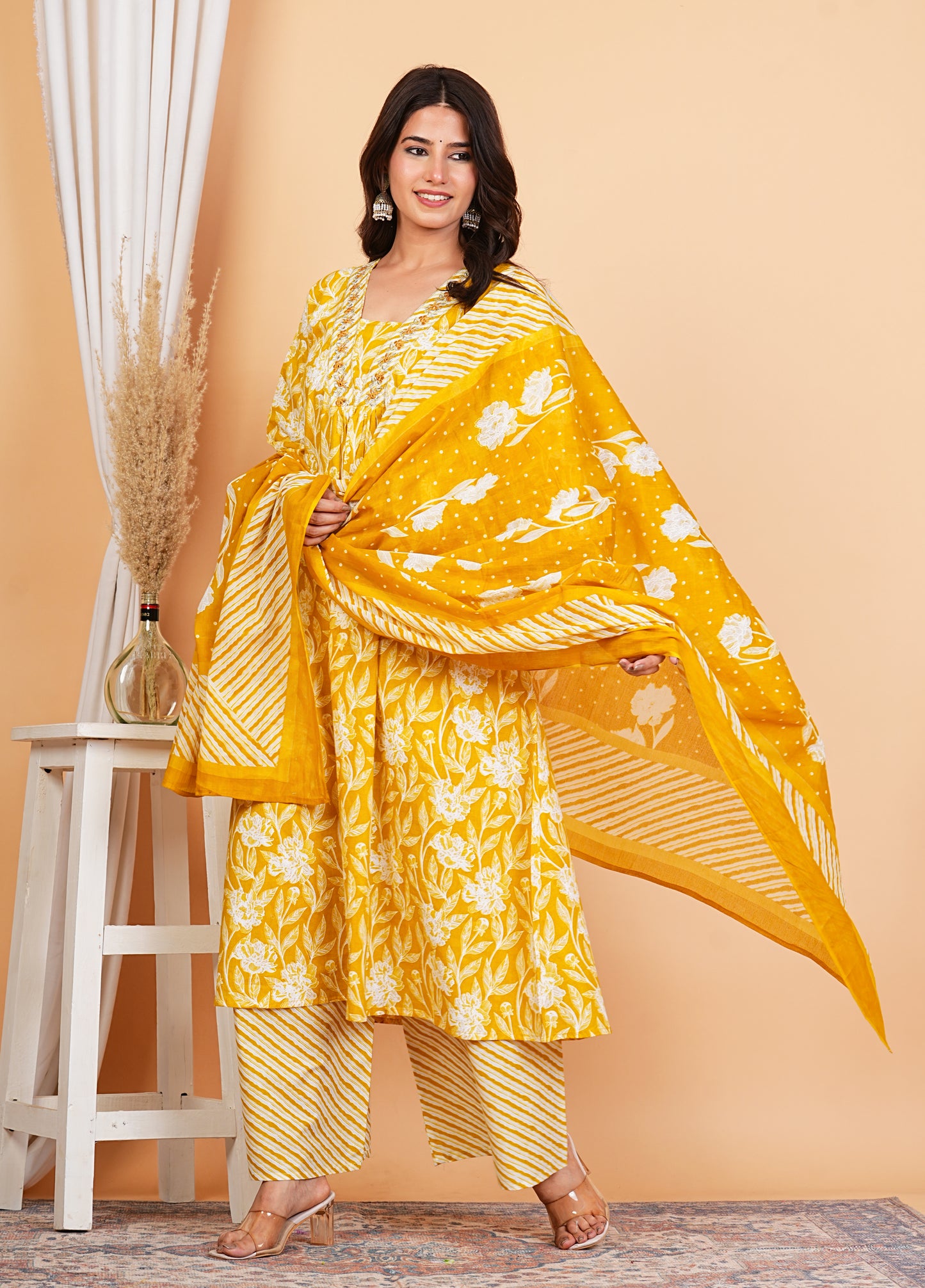 Anarkali Printed Kurta with Palazzo & Dupatta (PINK)