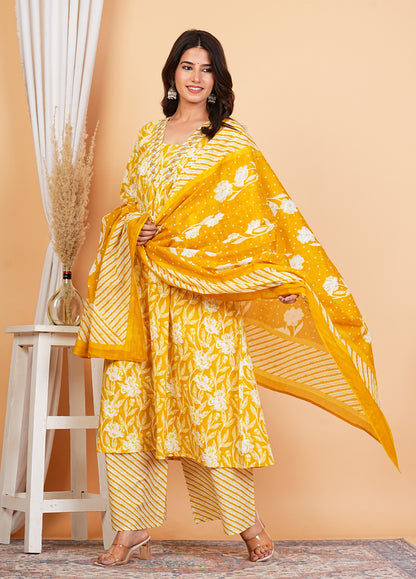 Anarkali Printed Kurta with Palazzo & Dupatta (PINK)