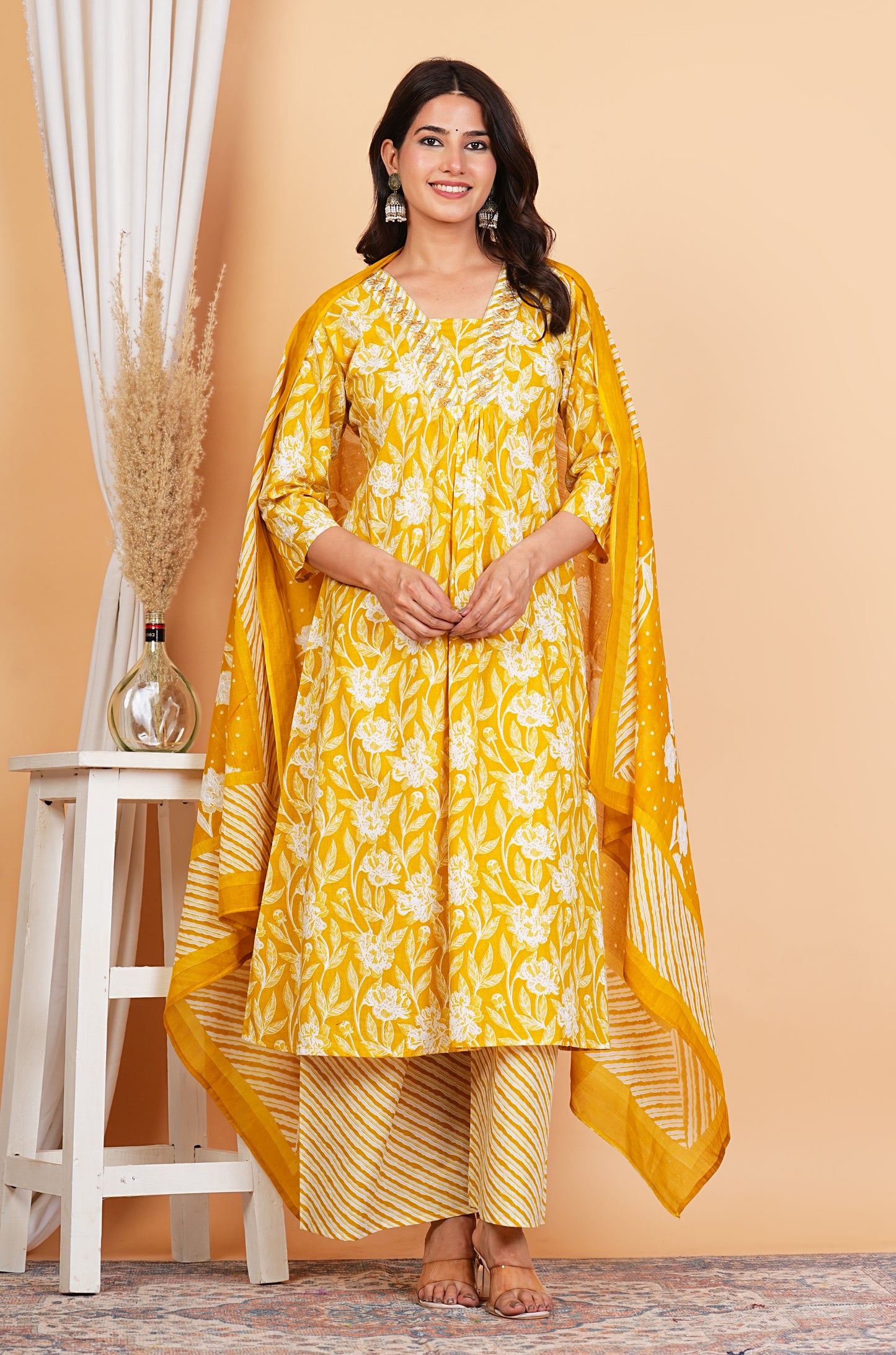Anarkali Printed Kurta with Palazzo & Dupatta (PINK)