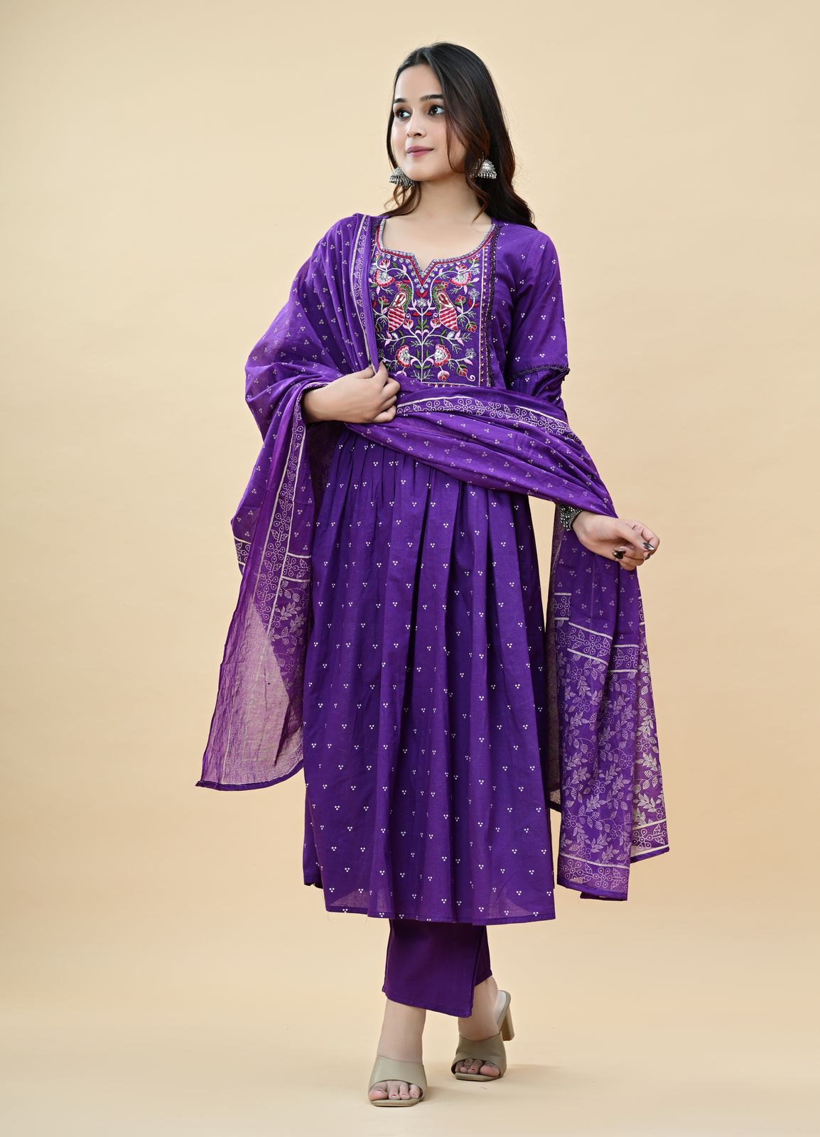 Embroidered Kurta with Palazzo and Dupatta (PURPLE)