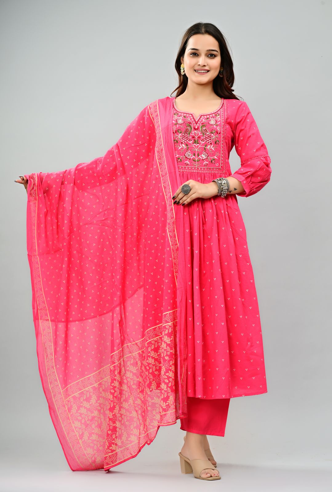 Embroidered Kurta with Palazzo and Dupatta (PINK)