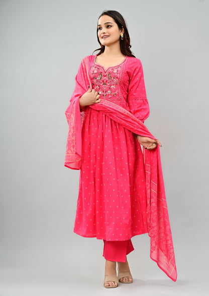 Embroidered Kurta with Palazzo and Dupatta (PINK)