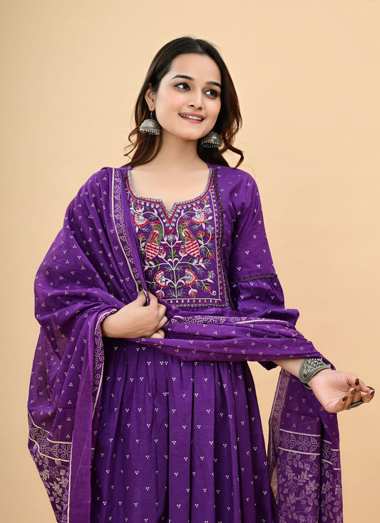 Embroidered Kurta with Palazzo and Dupatta (PURPLE)