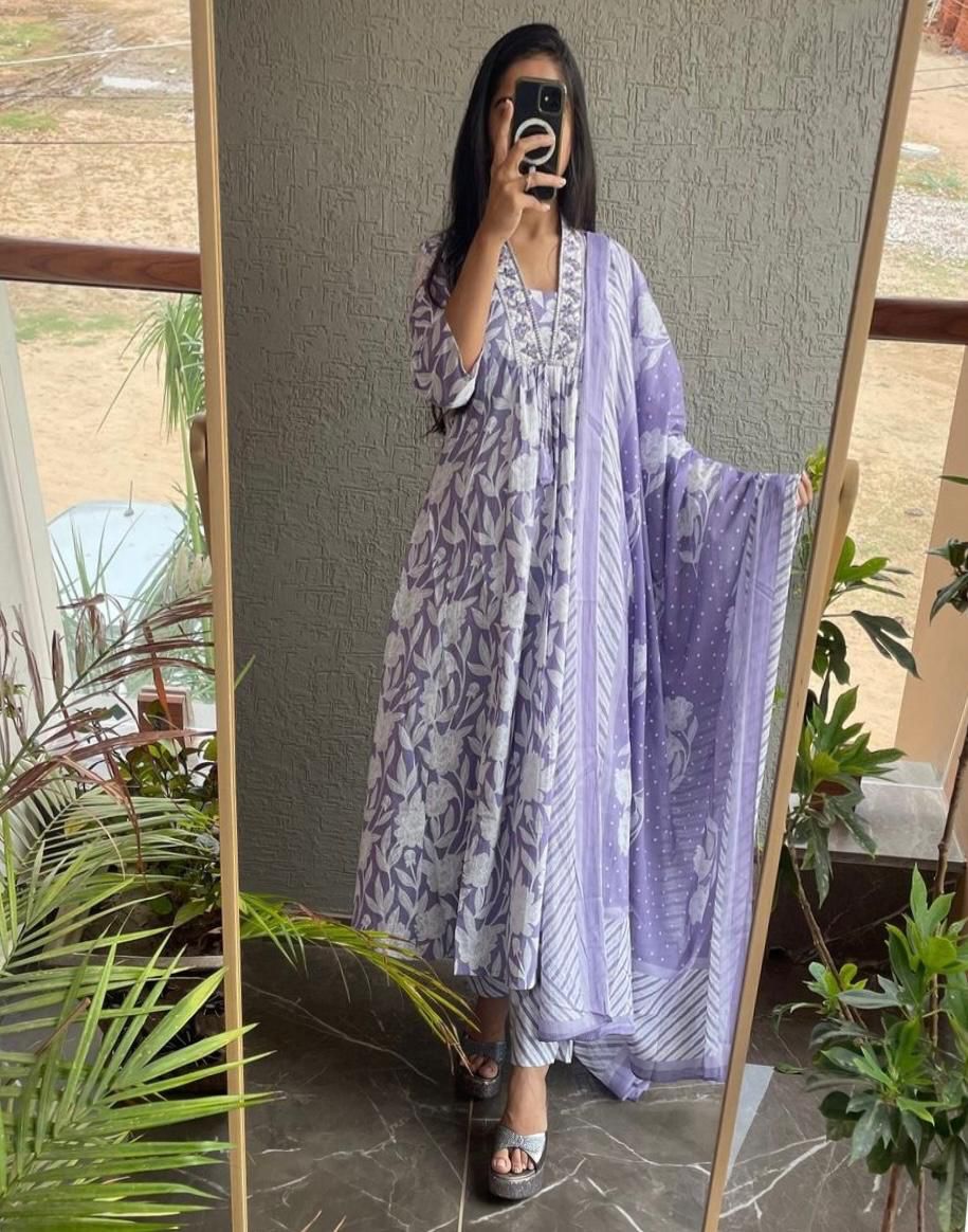 Anarkali Printed Kurta with Palazzo & Dupatta PURPLE