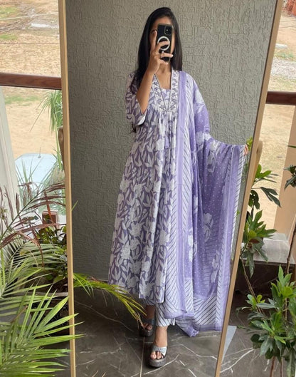 Anarkali Printed Kurta with Palazzo & Dupatta PURPLE