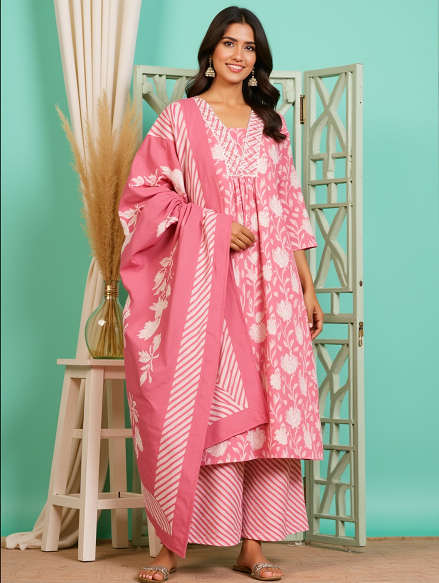 Anarkali Printed Kurta with Palazzo & Dupatta (PINK)