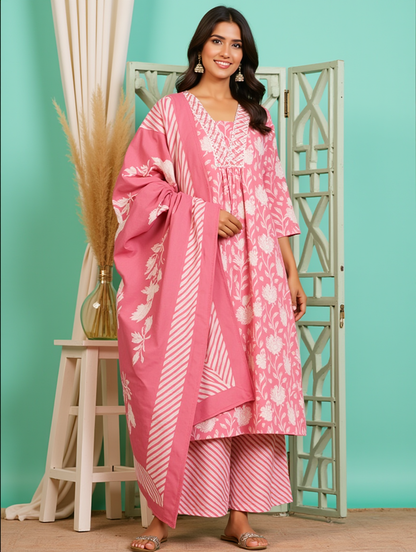 Anarkali Printed Kurta with Palazzo & Dupatta (PINK)