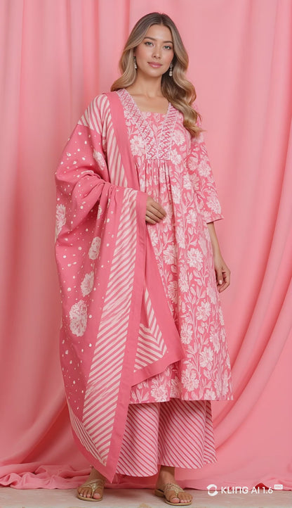 Anarkali Printed Kurta with Palazzo & Dupatta (PINK)